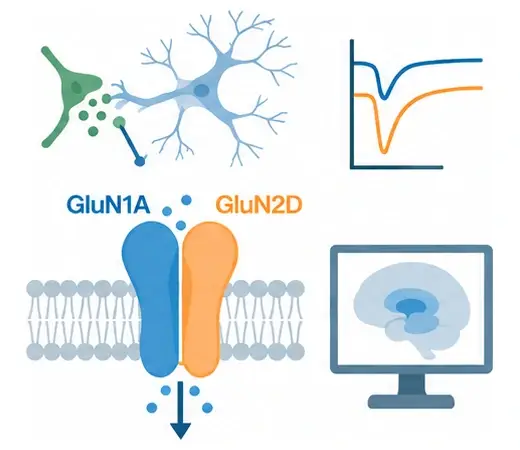 Illustration: neuronal signalling, electrophysiological recording, NMDA receptor with GluN1A and GluN2D subunits, and brain imaging