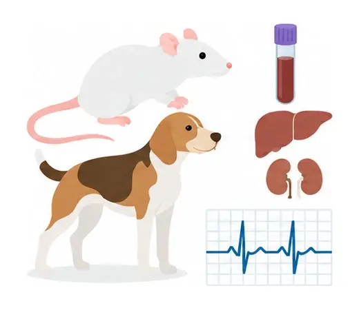Illustration: rat and dog, blood sample, liver, kidneys and ECG trace, representing preclinical safety testing