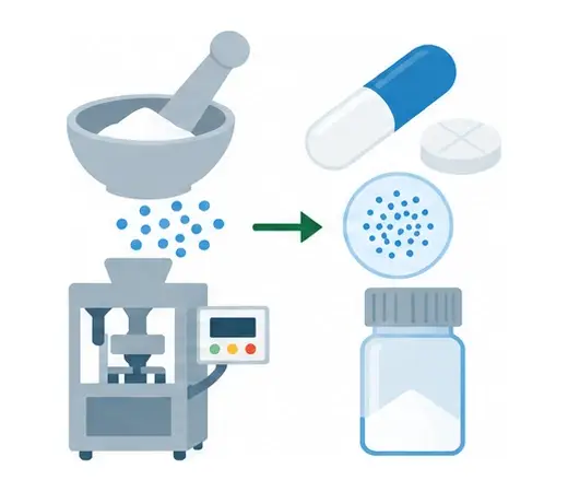 Illustration: drug formulation, from powder and particles to tablet press, capsule, tablet and container