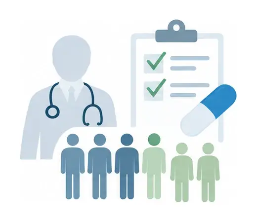 Illustration: physician, clinical trial checklist, capsule and study participants