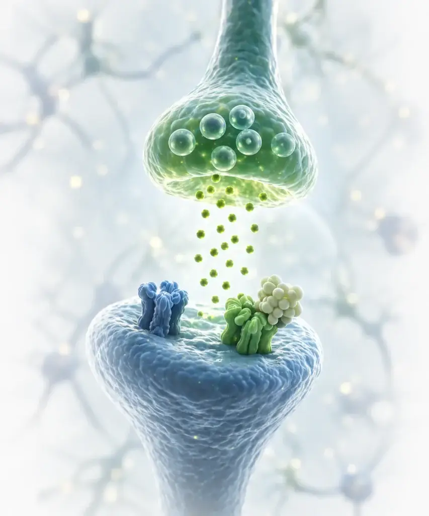 Illustration of a chemical synapse: neurotransmitter release from the presynaptic terminal onto postsynaptic receptors